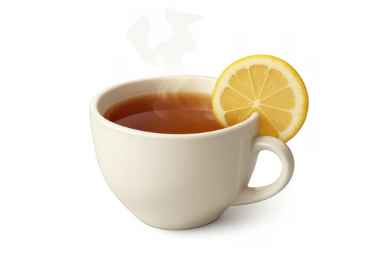 Hot tea cup with lemon slice, transparent background