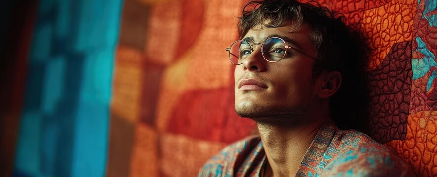 Young man with glasses and curly hair sitting against a colorful textured orange and red wall looking pensively upward