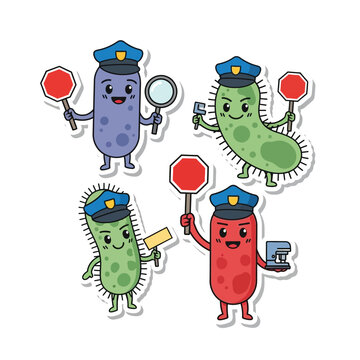 Set of cute cartoon bacteria characters dressed as police officers holding stop signs and tools.