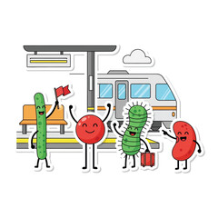 Naklejka premium Cheerful cartoon microbes waiting on a train platform, ready for travel.