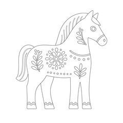 Vector illustration of a decorative horse in folk art style with floral and geometric patterns. Black outline drawing on white background, perfect for coloring pages, crafts, and design projects