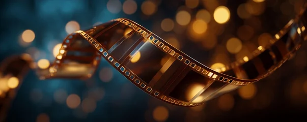 Golden film strip flowing with bokeh lights background, evoking nostalgia. Concept for movie production, vintage style and entertainment industry. © Rifqi