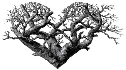 A heart shape formed by a tree with twisting branches, rendered in detailed monochrome
