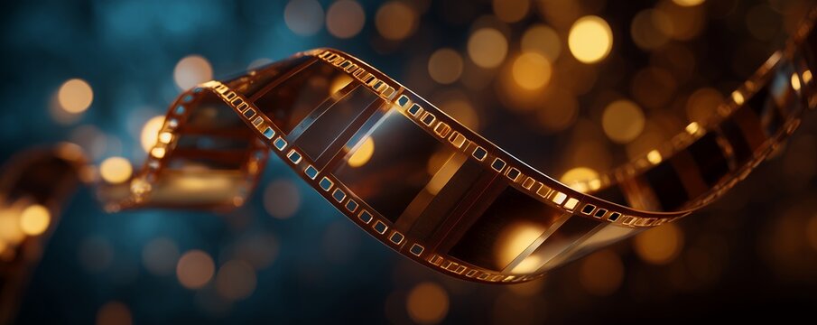 Golden film strip flowing with bokeh lights background, evoking nostalgia. Concept for movie production, vintage style and entertainment industry.