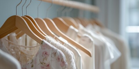 Elegant light clothing hangs on wooden hangers in a bright room, showcasing a minimalist style. Concept for fashion blog, wardrobe organization and seasonal collection display