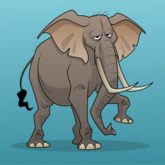 Cartoon elephant with big ears, curved tusks, and tired expression in dynamic pose on blue background, vector illustration for education, decor, or children’s content