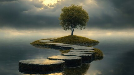 A solitary tree on a small grassy island connected by a curved stone path surrounded by calm water under a dramatic cloudy sky with soft sunlight breaking through
