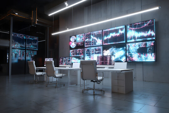 futuristic workspace with glowing data screens and minimal professional high tech digital vibe