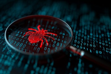 Magnifying glass revealing a red digital spider over binary code display, concept for cybersecurity solution, malware detection and network vulnerability assessment
