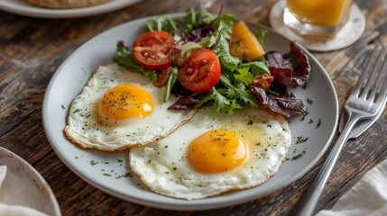 Fried eggs with salad on plate