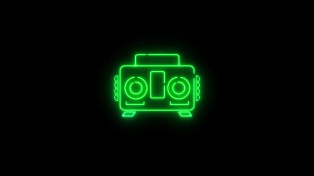 Neon glowing audio player icon . ghetto blaster in retro neon over dark background