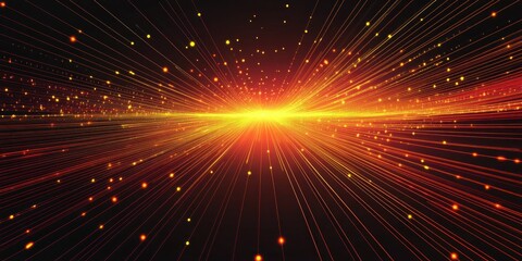 Radiant glowing bright yellow and orange light burst with streaks and sparkling particles spreading outward against dark background conveying energy and motion