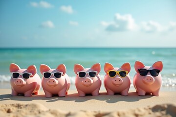 Obraz premium Piggybanks in Sunglasses: A Family Lineup on the Beach