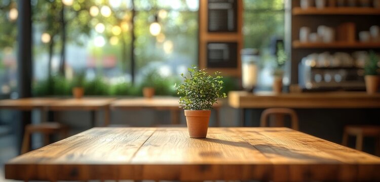 Small green plant in a terracotta pot placed on a wooden table in a warmly lit cozy cafe with blurred background of furniture and large windows - Powered by Adobe