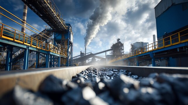 Low-angle view of coal in railcar with industrial complex and smoke billowing in background, concept for energy production, economic development and environmental impact visualizations