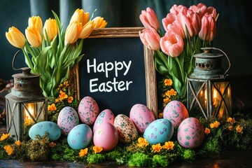 Easter arrangement with colorful decorated eggs, yellow and pink tulips, two lanterns with candles, small orange flowers, green moss, and a chalkboard with Happy Easter text