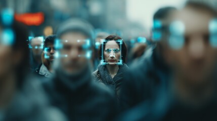 A woman with facial recognition technology stands out in a crowd, focus on her face. Concept for biometric identification, access control, and surveillance technology applications