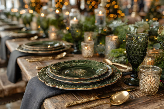 Elegant christmas table setting with golden cutlery and green plates