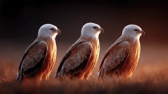 Three Eagles Standing Side by Side in Golden Sunlight