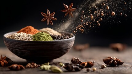 Exotic spices in wooden bowl with star anise for culinary use, bringing vibrant flavor to gourmet recipes and savory dishes in your kitchen