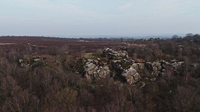 Aerial pov of Brimham Rocks National park in the United Kingdom.