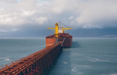 Large cargo ship docked at a rust-colored industrial pier extending into calm blue waters under a cloudy sky with distant snow-capped mountains in the background