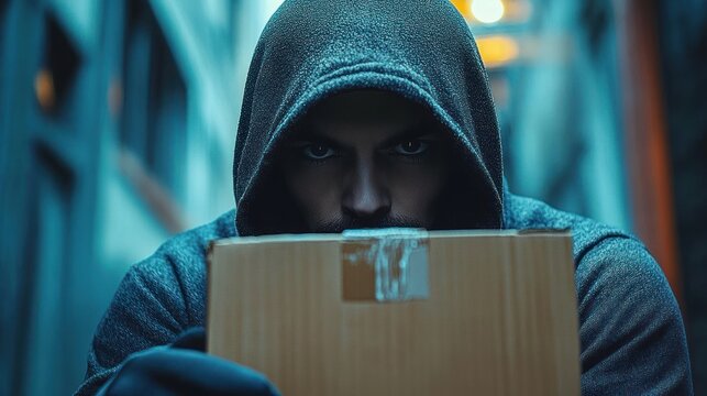 serious man wearing dark hooded sweatshirt holding a sealed cardboard box in a narrow dimly lit alleyway - Powered by Adobe