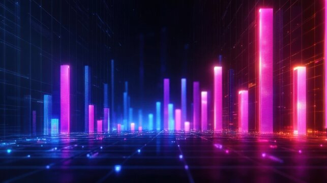 Glowing neon colored 3D digital bar graph columns on a grid in a futuristic data visualization with vibrant purple, blue, and pink lights