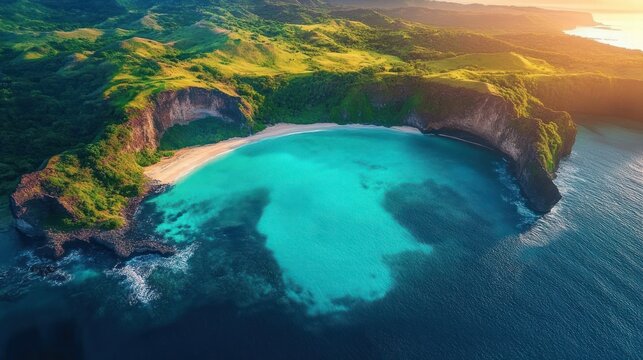 Aerial view of a crescent-shaped bay with clear turquoise water, sandy beach, lush green cliffs, and golden sunlight illuminating the landscape at sunset