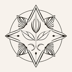 Stylized plant illustration with leaves and geometric shapes, enclosed in a circle, creating a symmetrical design.