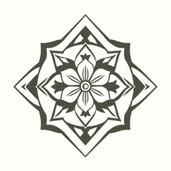 Symmetrical floral design with a central flower, enclosed in a geometric diamond shape, creating an elegant, decorative emblem.