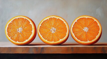 Three vibrant orange halves arranged in a row on a wooden surface with a neutral gray background, emphasizing freshness and symmetry
