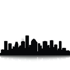 A realistic vector illustration of the iconic Houston city skyline presented as a striking dark silhouette against a clean, plain white background.