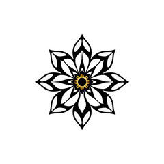 A stylized black and white floral design with a yellow center, symmetrical and elegant.
