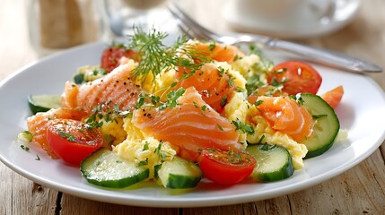 Salt salmon salad with tomatoes cucumbers scrambled eggs