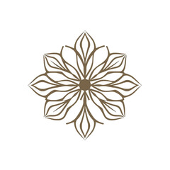 Symmetrical floral design with pointed petals radiating from a central point, in a brown hue.
