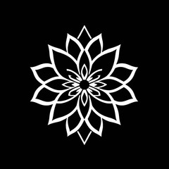 White floral design on a black background, featuring symmetrical petals radiating from the center.