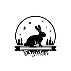 Black and white illustration of a rabbit in a forest setting, surrounded by stars and trees, with the name "Ergides" below.