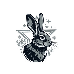 A monochrome illustration of a rabbit's head with festive winter elements, including stars and snowflakes.