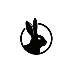 A minimalist black and white logo featuring a rabbit silhouette inside a circular frame.