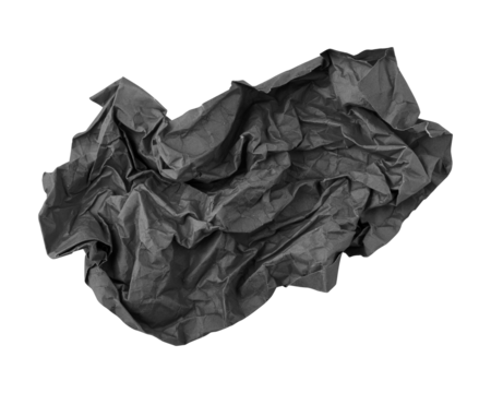 Black crumpled paper isolated on transparent background