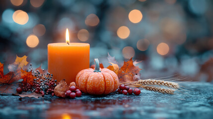 Stylish autumn arrangement with glowing candles, red berries and autumn leaves, cozy festive still life, cinematic warm tones, dreamy rustic ambiance, seasonal centerpiece design, neutral copy space