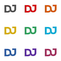Letter DJ Logo Template icon isolated on white background. Set icons colorful