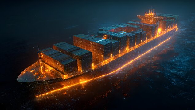 Massive cargo ship illuminated with vibrant orange lights sailing through dark ocean waters at night conveying global trade and logistics