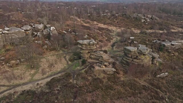 Aerial pov of Brimham Rocks National park in the United Kingdom.