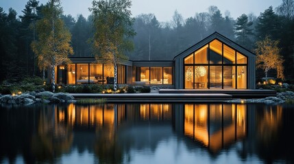 Obraz premium Modern glass house with warm interior lighting reflecting on calm lake surrounded by trees in foggy evening