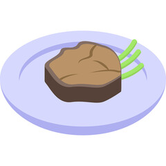 Isometric Illustration of a Meat Dish with Green Spears on a Light Purple Plate on a Transparent Background