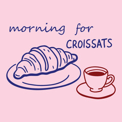 Charming illustration of a steaming cup of coffee and delicious croissants perfect for breakfast or cafe themes