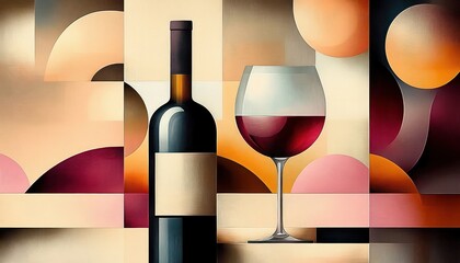 Abstract geometric composition featuring a wine bottle and glass filled with red wine in warm beige, orange, and burgundy tones