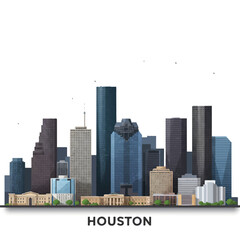 Fototapeta premium A stylized vector illustration captures the iconic Houston skyline with its prominent skyscrapers, presented with realistic detail on a pristine white background.